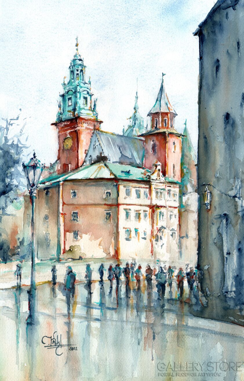 Klaudiusz Pohl-Turyści i Wawel-Akwarela