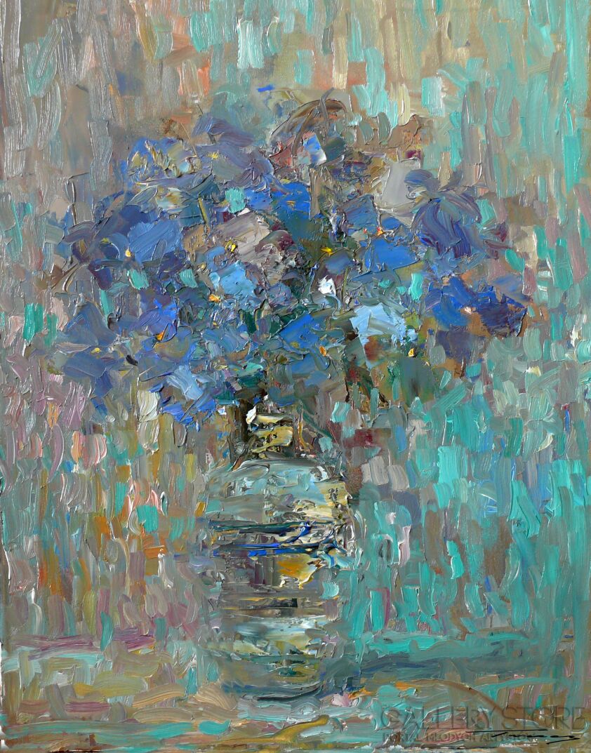 Krzysztof Tracz-Niebieski kwiaty w wazonie-Olej