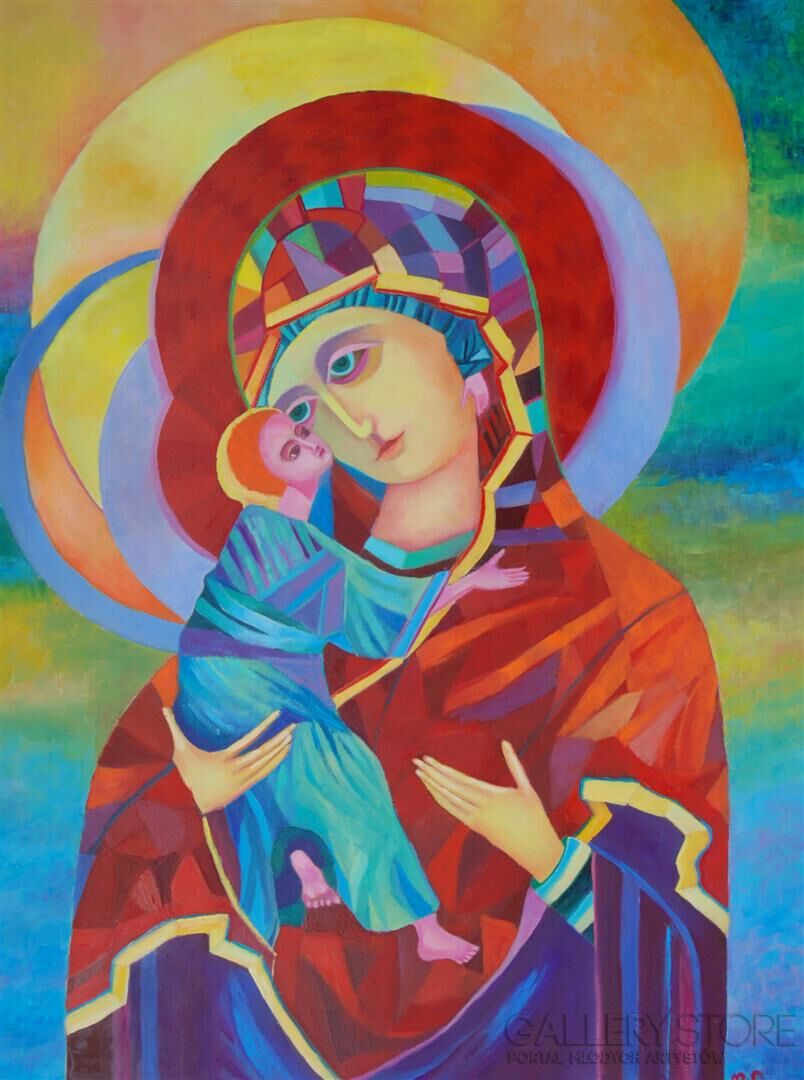 Magdalena Walulik-Madonna z Dzieciątkiem Włodzimierska ikona współczesna-Olej