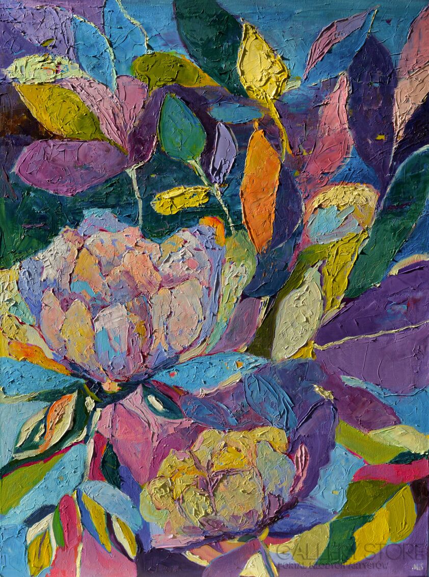 Magdalena Walulik-Piwonie - abstrakcyjny obraz z kwiatami-Olej