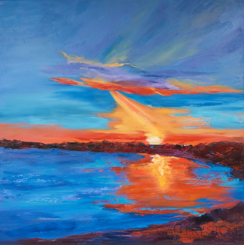 Małgorzata Burcicka-Kozieł-Zachód słońca nad jeziorem-Olej