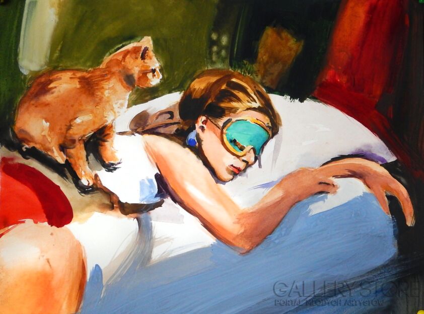 Marcin Kędzierski-Śpiąca Holly z kotem-Akwarela