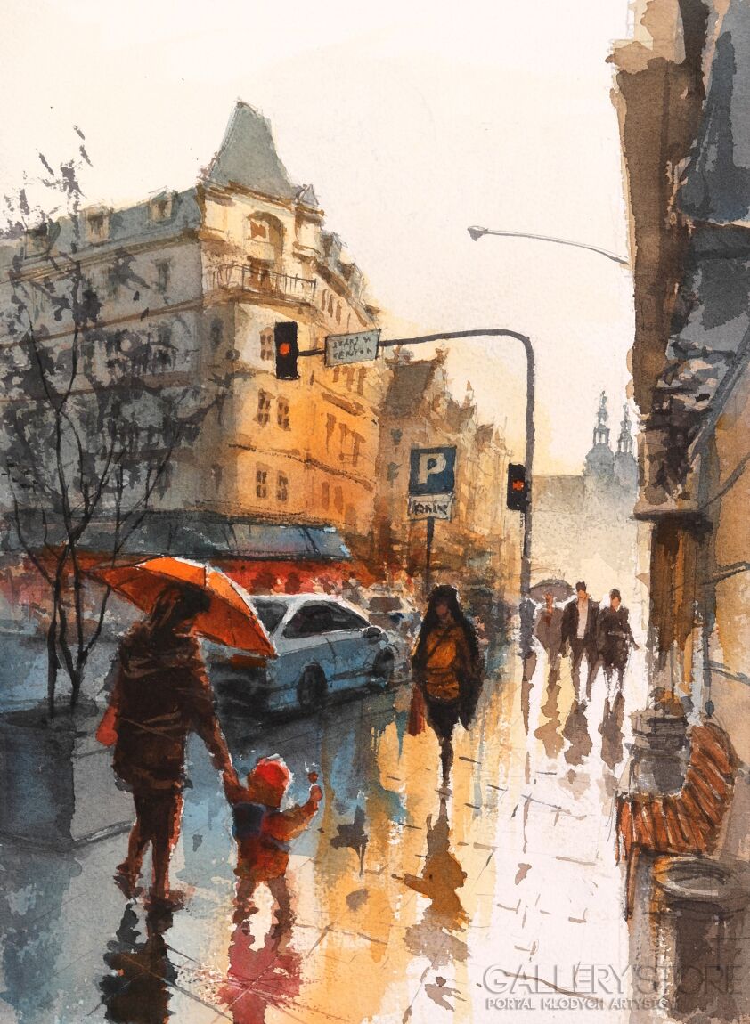 Mariusz Sołtysiak-Ulica w deszczu-Akwarela