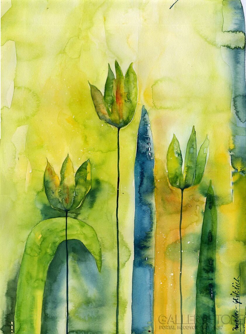 Klaudia Pawelec-Gliklich-Green tulips II -Akwarela