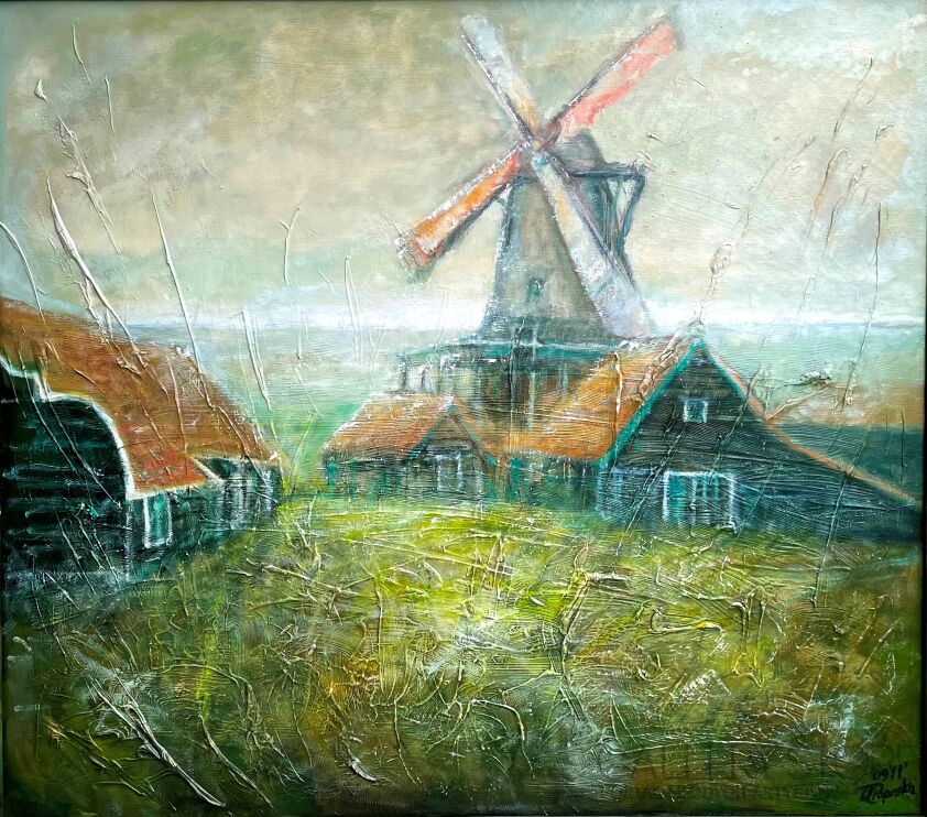 Urszula  Poposka-Pejzaż z wiatrakiem-stara Holandia -Olej